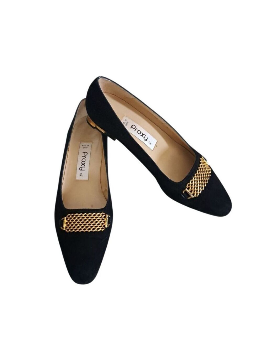 PROXY SPAIN black Suede Gold Accent Loafers Slip On Shoes Pumps Size 8 M